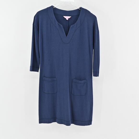 LILLY PULITZER Joyce Shift Dress Sz XS UPF 50+ True Navy 3/4 Sleeve Patch Pocket - Picture 2 of 13